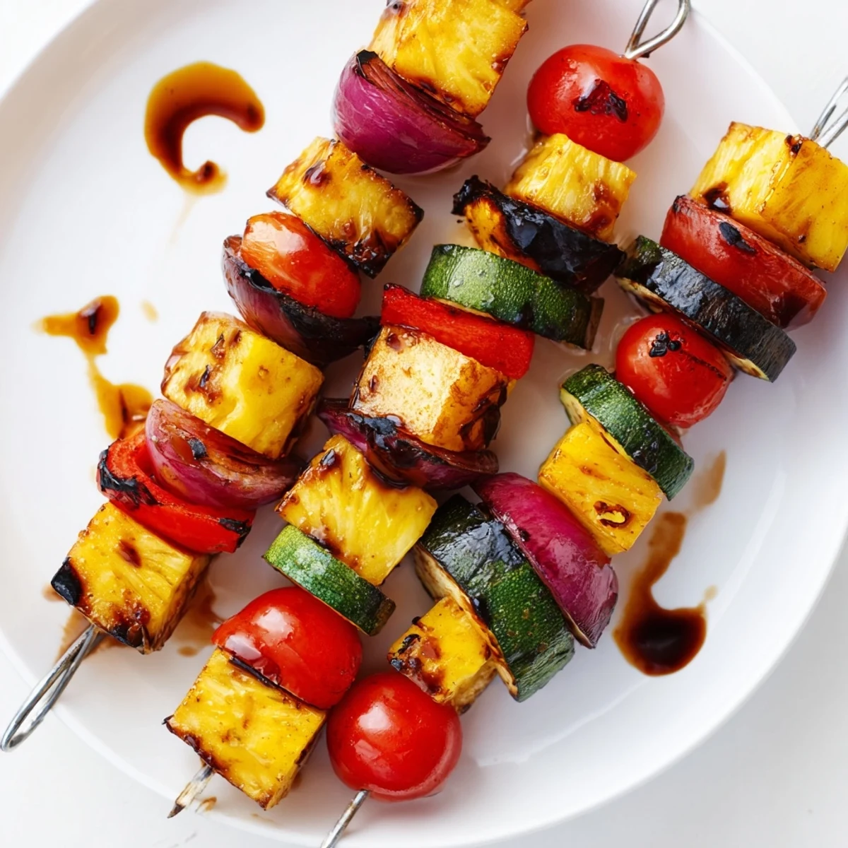 Pineapple Vegetable Skewers marinated in balsamic, served hot with lime garnish