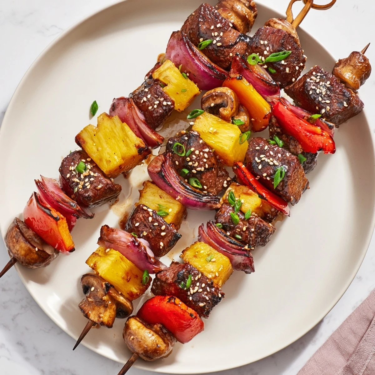 Grilled Teriyaki Steak Kabobs sizzling on the grill with charred vegetables