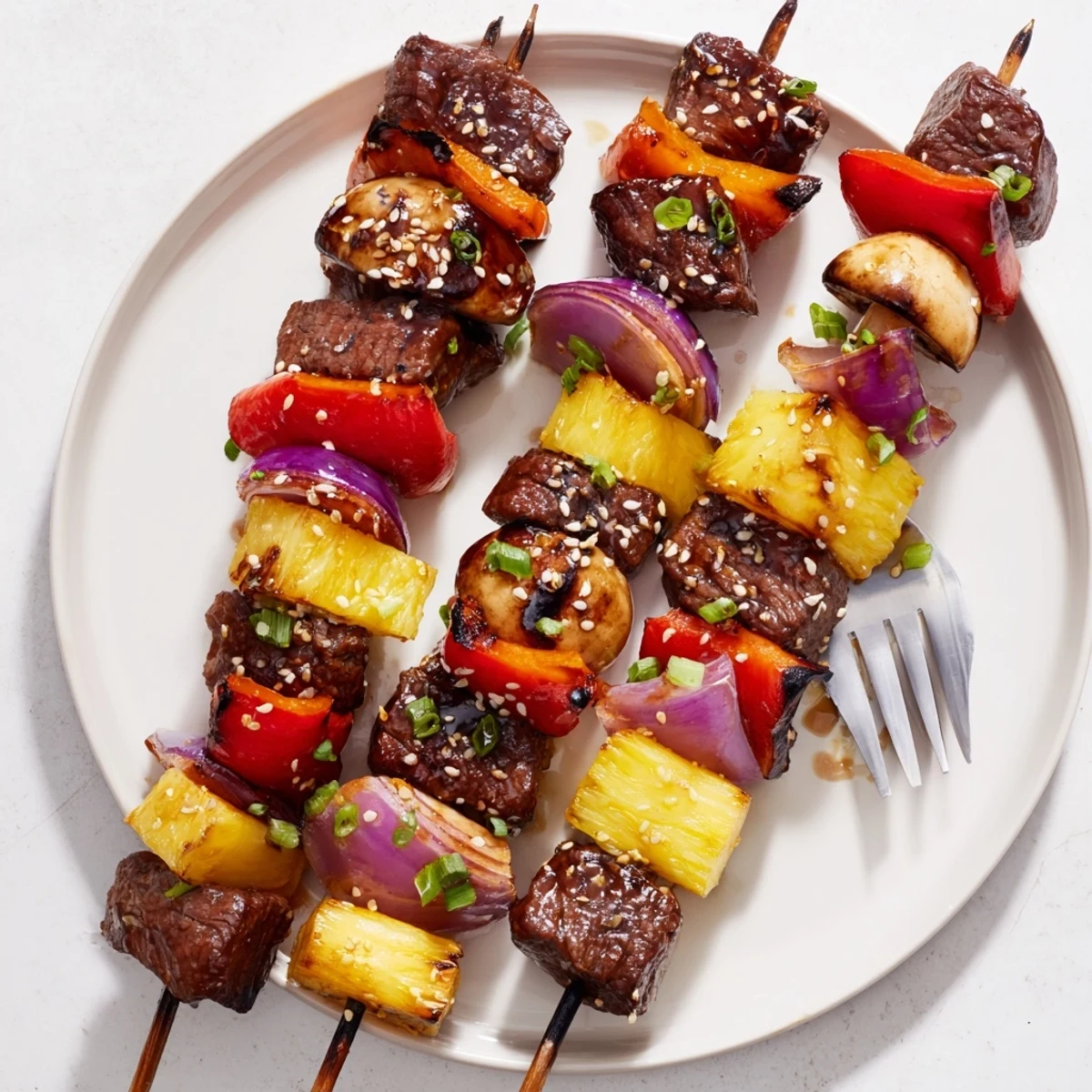 Family-style Grilled Teriyaki Steak Kabobs brushed with sauce, sprinkled sesame seeds