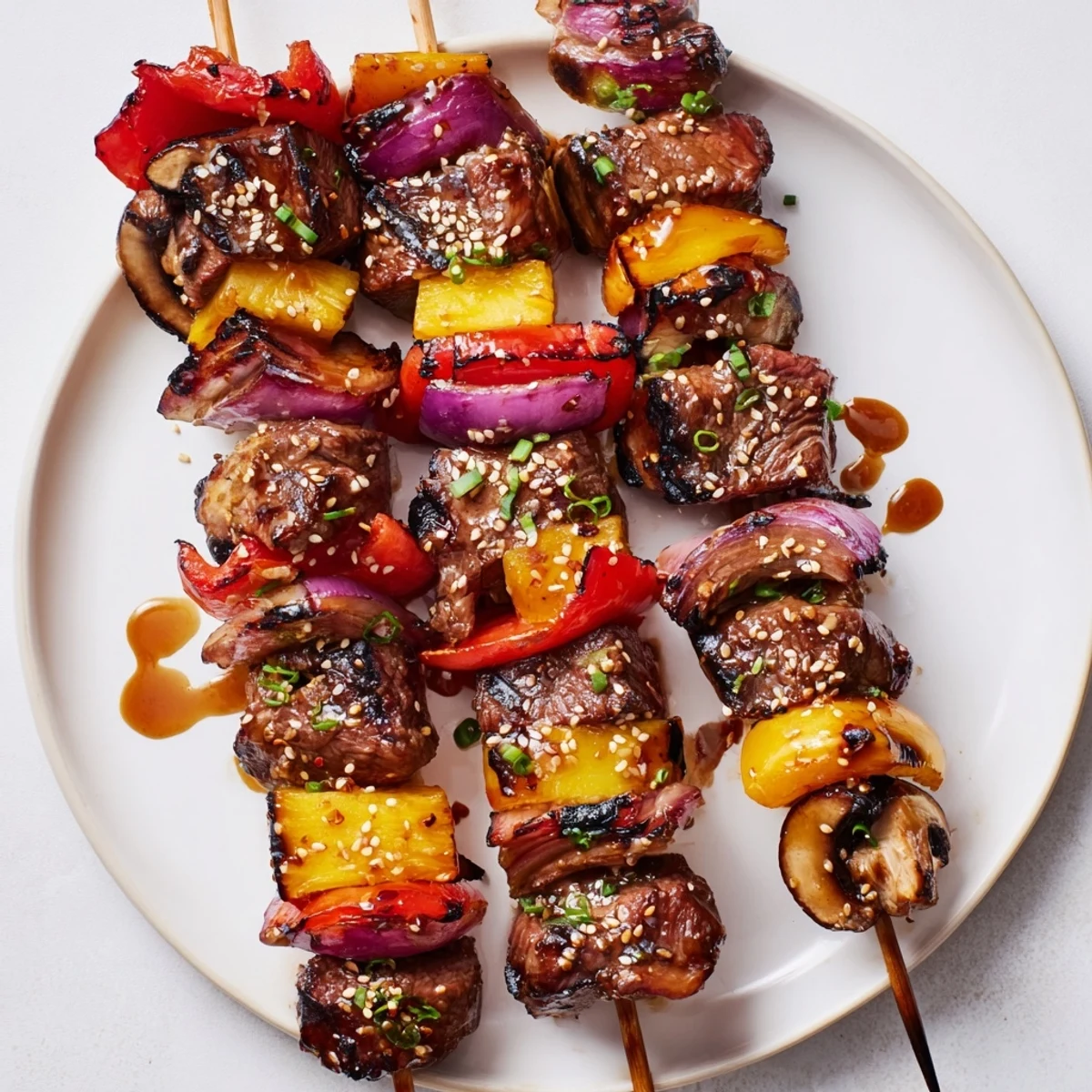 Served hot, Grilled Teriyaki Steak Kabobs glazed, tender cubes and pineapple