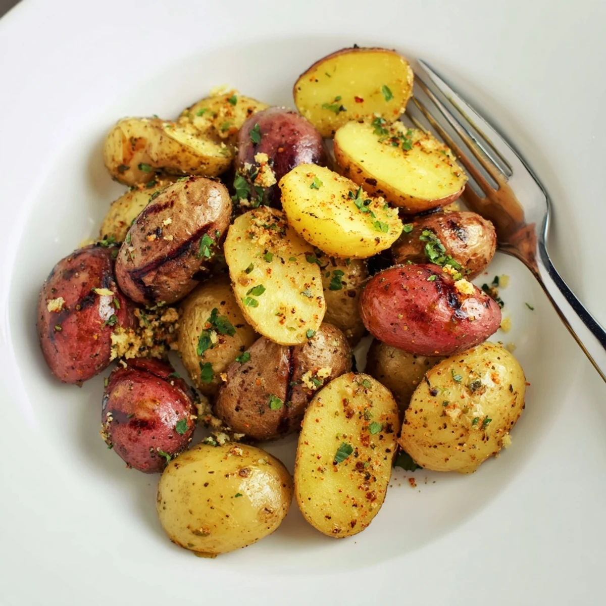 Grilled Potatoes Recipe: smoky, crispy-skinned halves garnished with fresh parsley