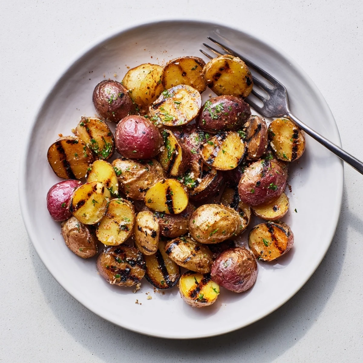Warm Grilled Potatoes Recipe served on platter with melted Parmesan and herbs
