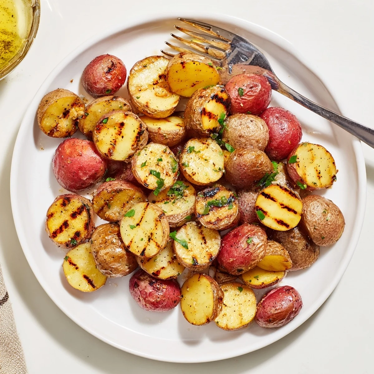 Charred, fork-tender Grilled Potatoes Recipe on skewers, perfect with garlic aioli