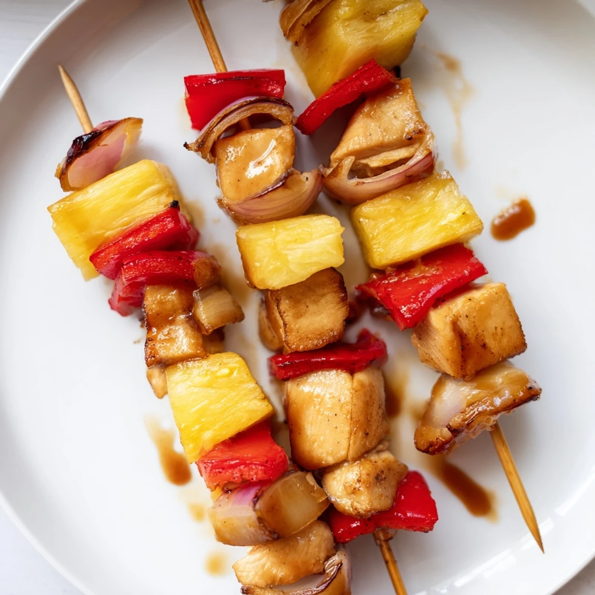 Skewered Hawaiian Turn Turn Chicken Kebabs glowing with sticky glaze, ready to serve.