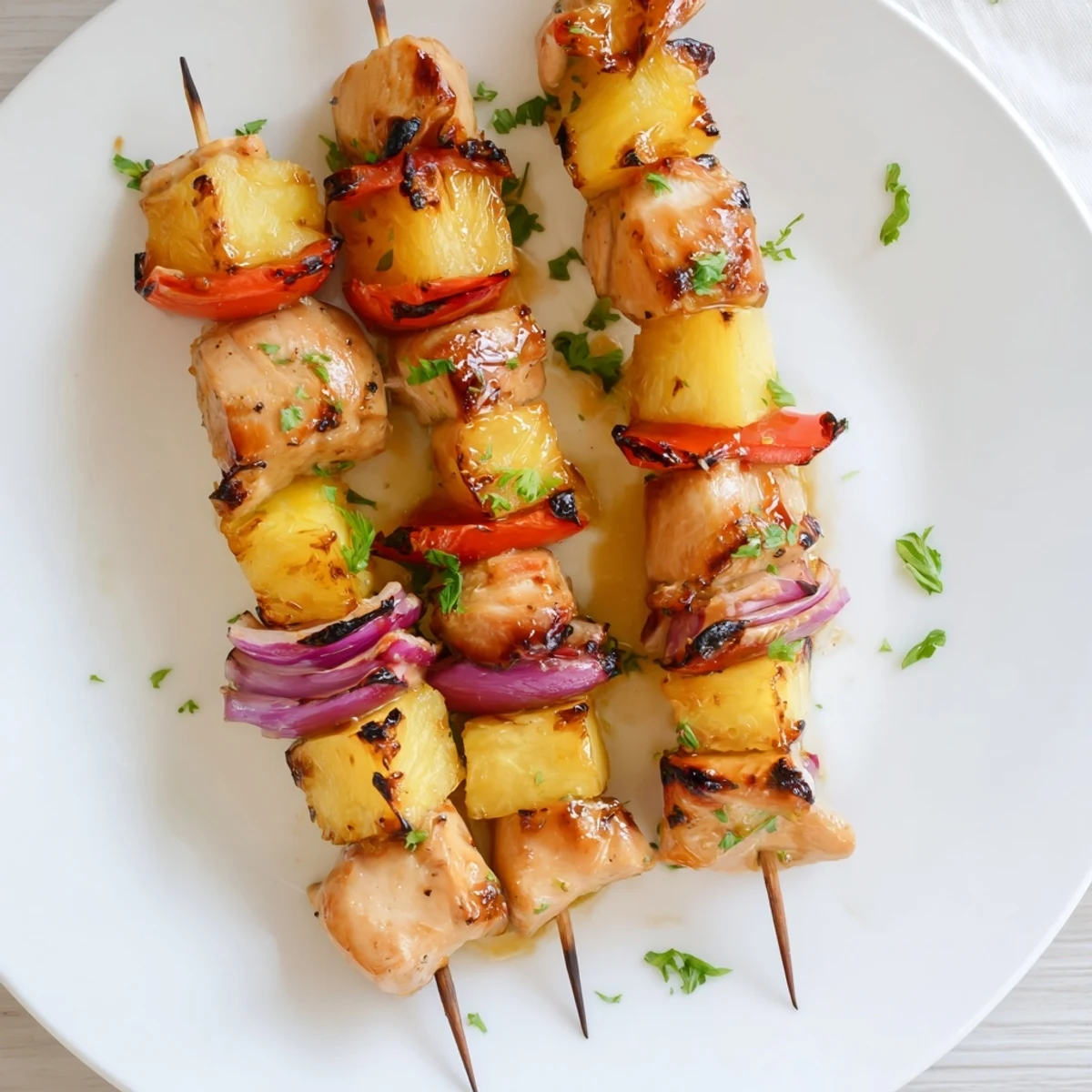 Juicy skewers of Pineapple Chicken Kabobs served over steaming jasmine rice  
