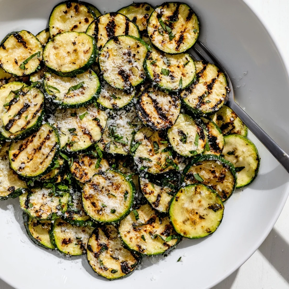 Charred slices of Crispy Grilled Zucchini With Parmesan And Fresh Herbs, fragrant.