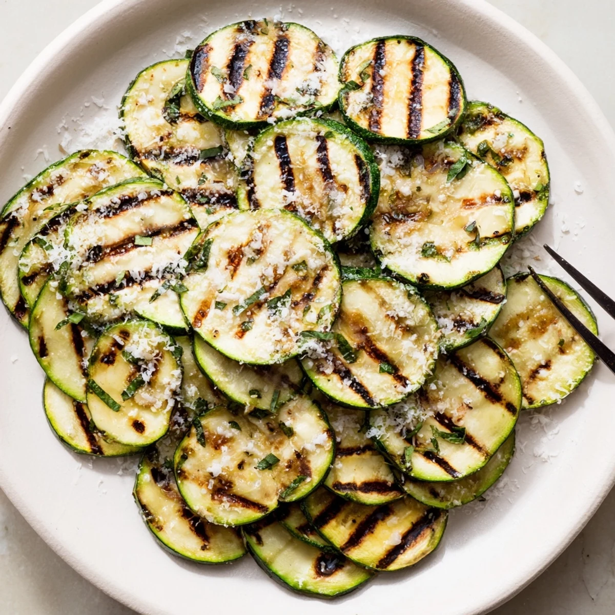 Crispy Grilled Zucchini With Parmesan And Fresh Herbs, charred edges and melting Parmesan.