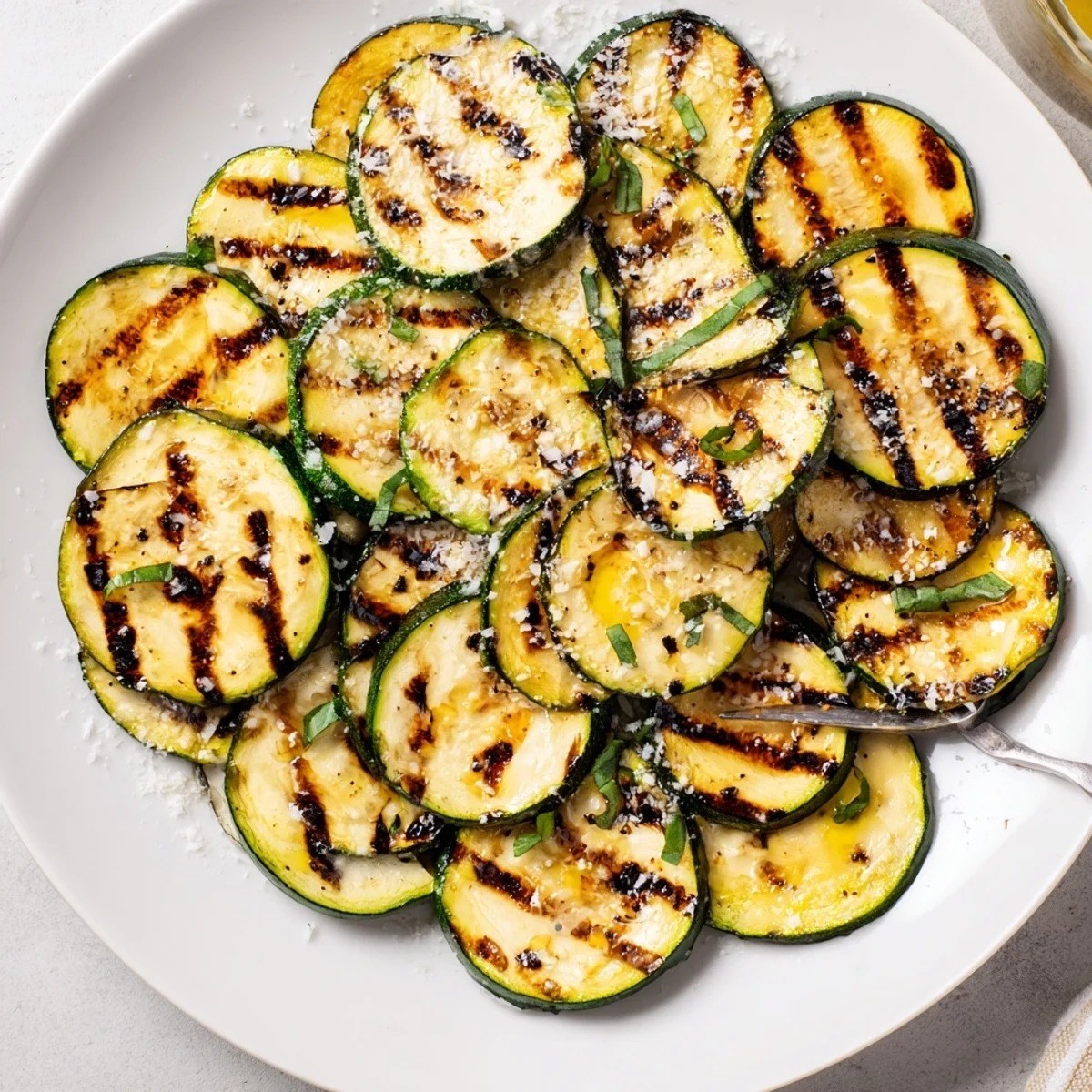 Platter of Crispy Grilled Zucchini With Parmesan And Fresh Herbs, topped with lemon.