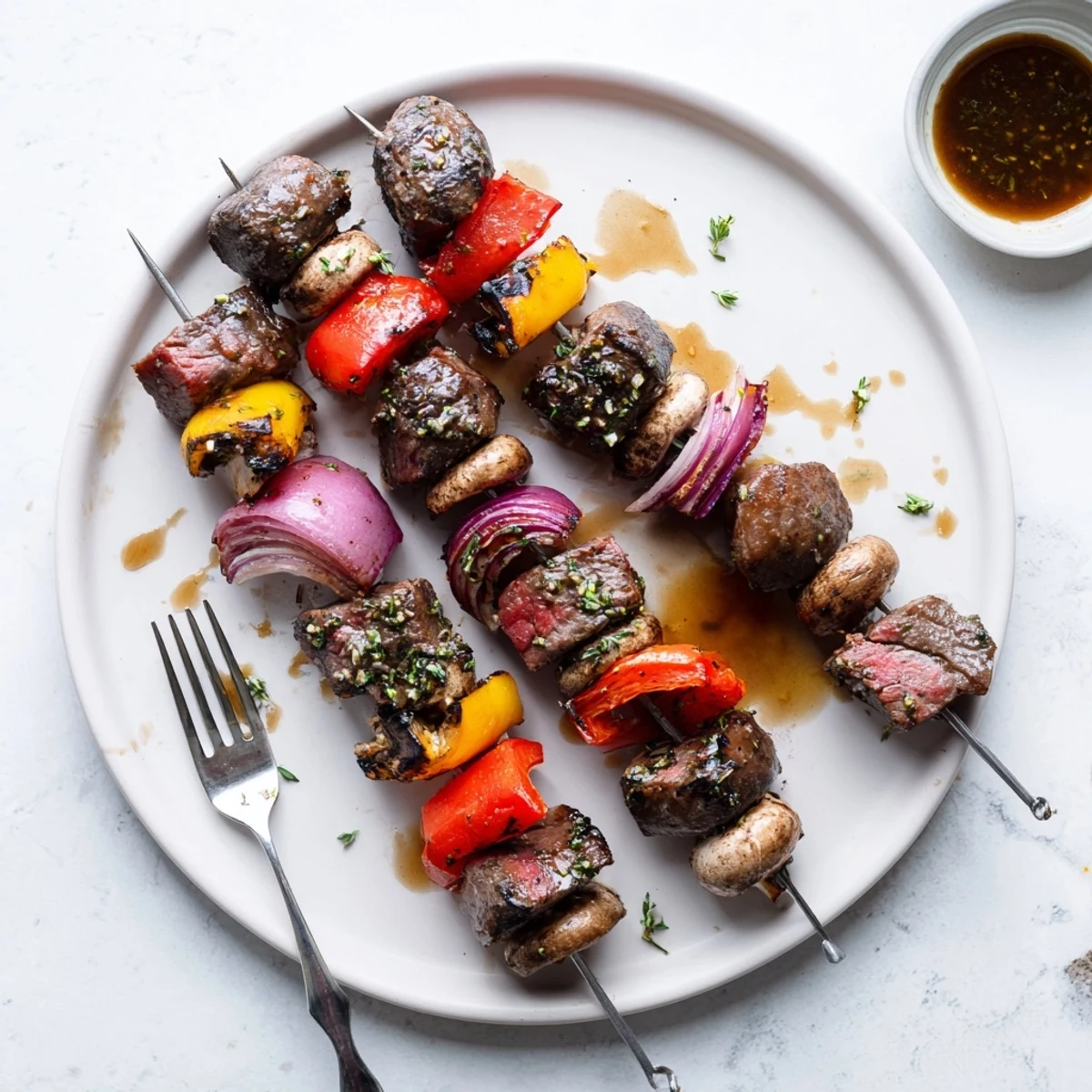 Juicy Steak Kebabs With Savory Marinade For Summer Grilling, glistening with charred edges
