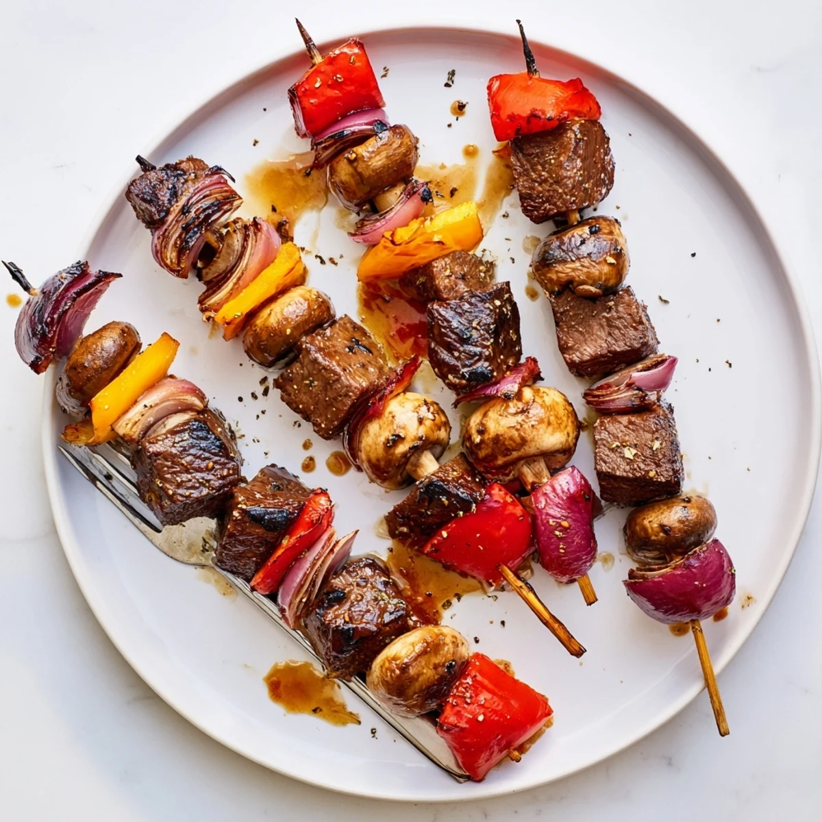 Close-up of Juicy Steak Kebabs With Savory Marinade For Summer Grilling topped with thyme
