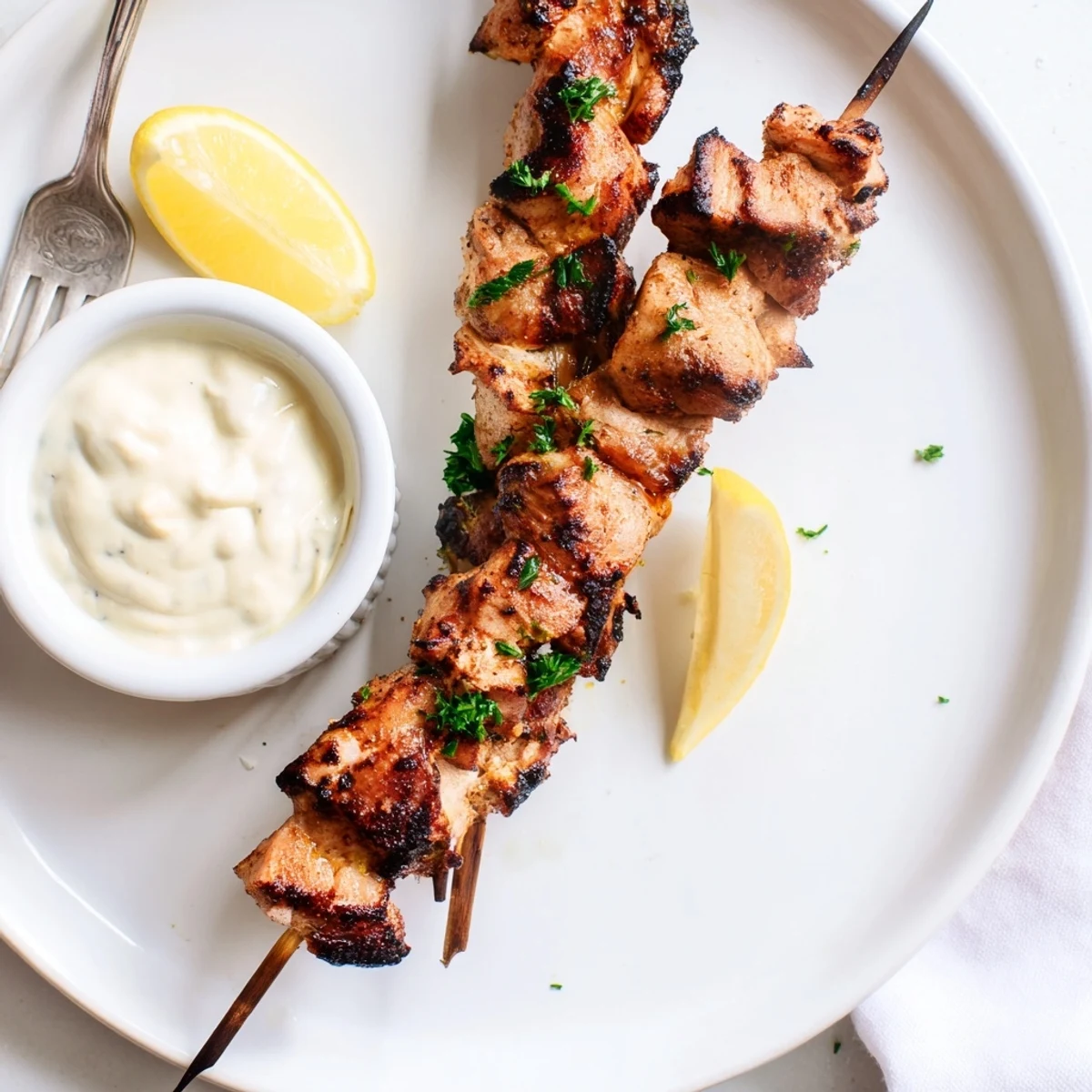 Grilled Chicken Bites With Creamy Garlic Sauce, charred edges and juicy interior.