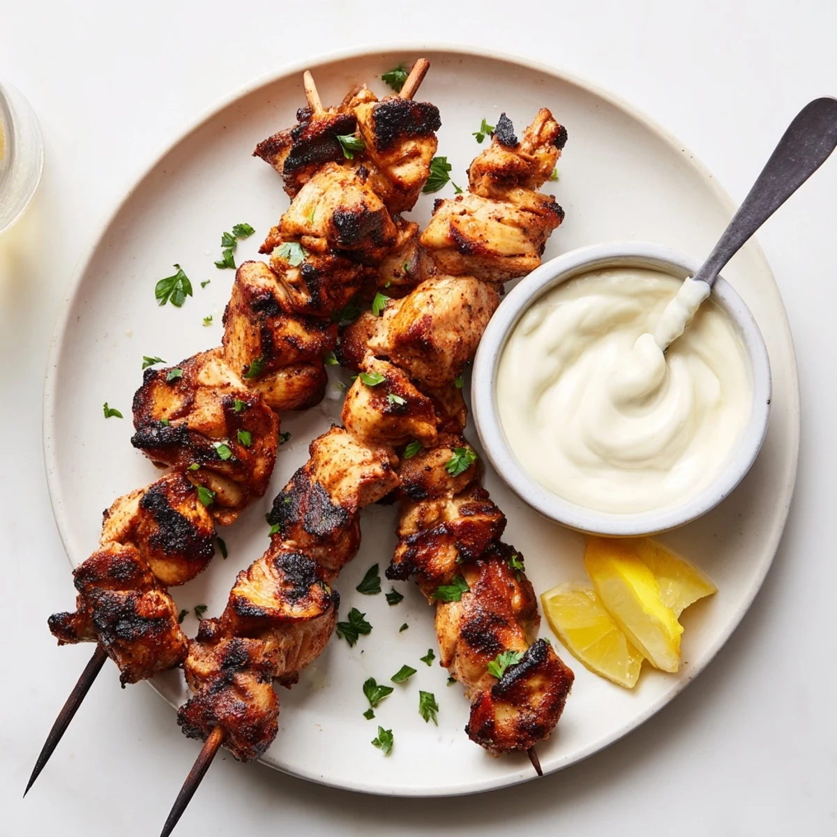 Smoky Grilled Chicken Bites With Creamy Garlic Sauce, perfect for dipping pita.