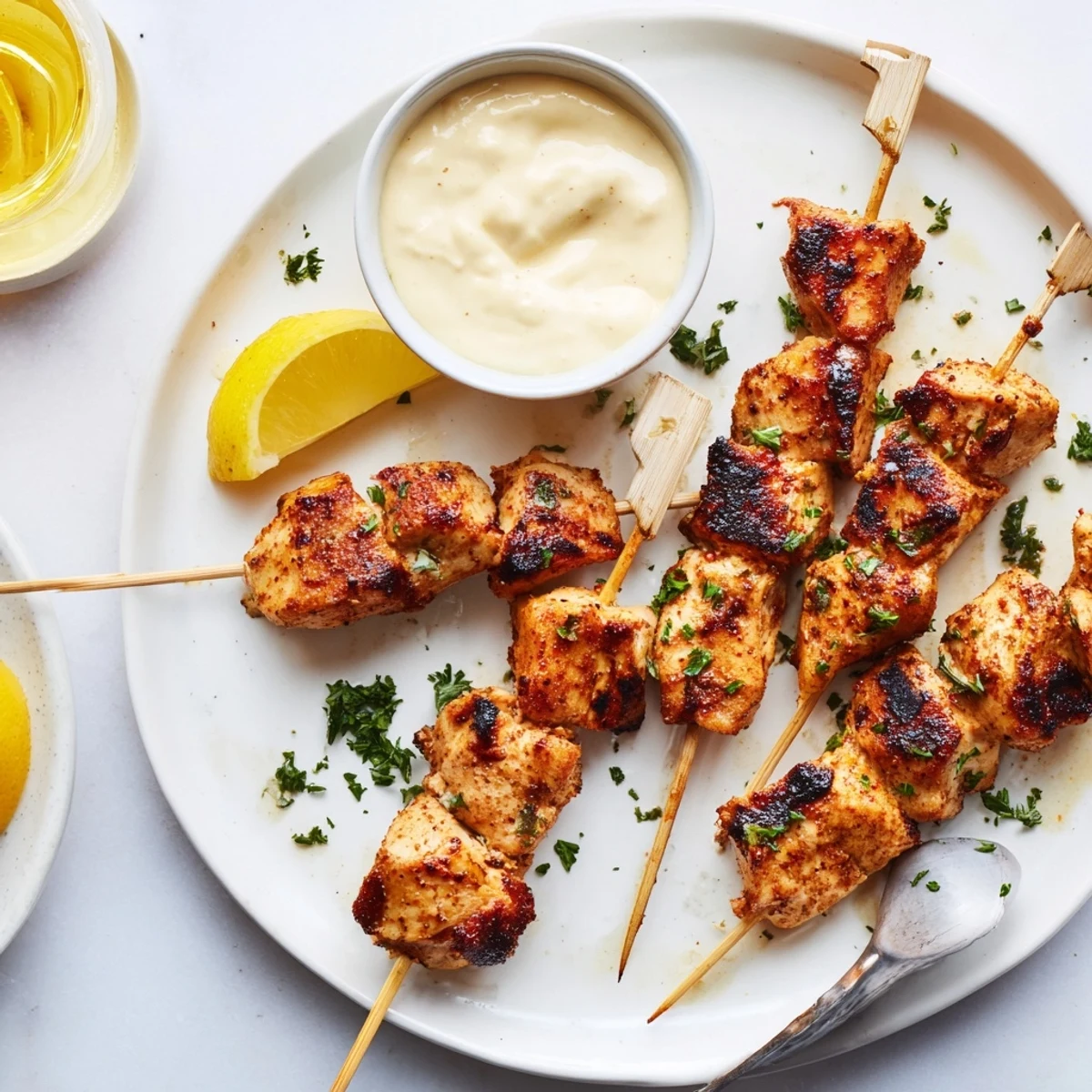 Skewered Grilled Chicken Bites With Creamy Garlic Sauce, golden sear, ready to share.