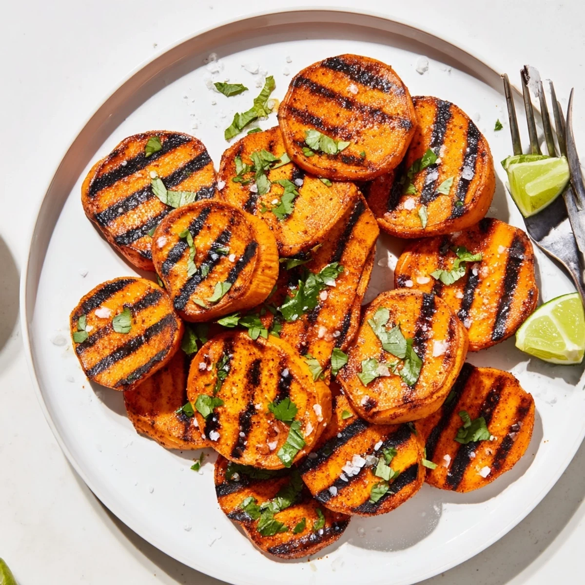 Grilled Sweet Potatoes sliced thick, caramelized edges, tender, ready for forks