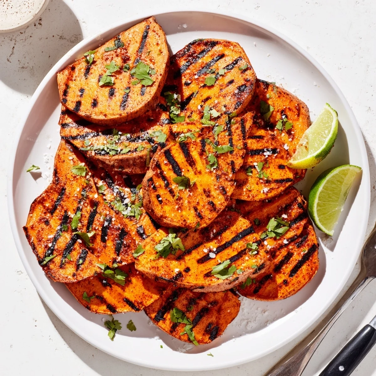 Grilled Sweet Potatoes with smoky char, sprinkled cilantro, lime wedge for brightness
