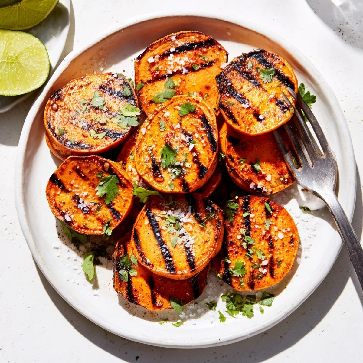 Grilled Sweet Potatoes served hot beside lime wedges and creamy tahini dip