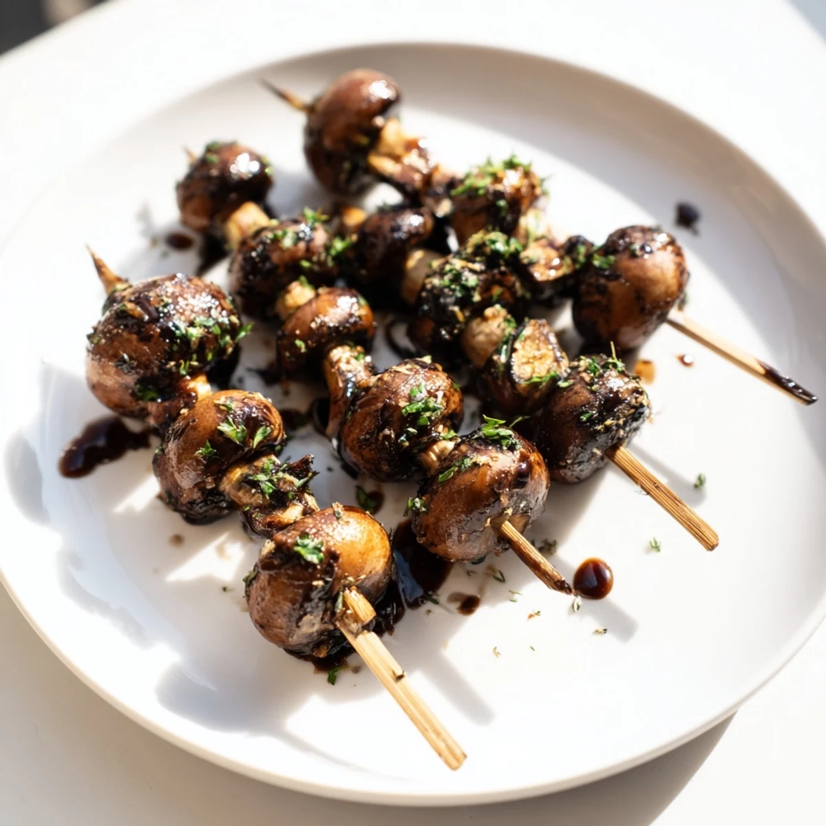 Smoky Balsamic Garlic Grilled Mushroom Skewers, tender and juicy, served hot