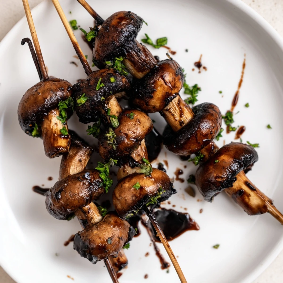 Weeknight Balsamic Garlic Grilled Mushroom Skewers marinated, grilled, plated with crusty bread