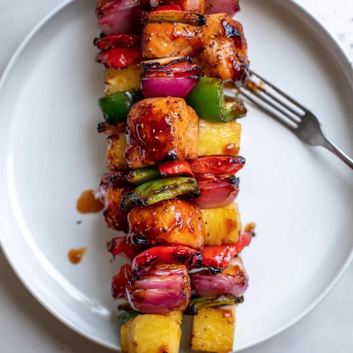 Bbq Pineapple Chicken Kabobs brushed with sweet smoky sauce, served over rice