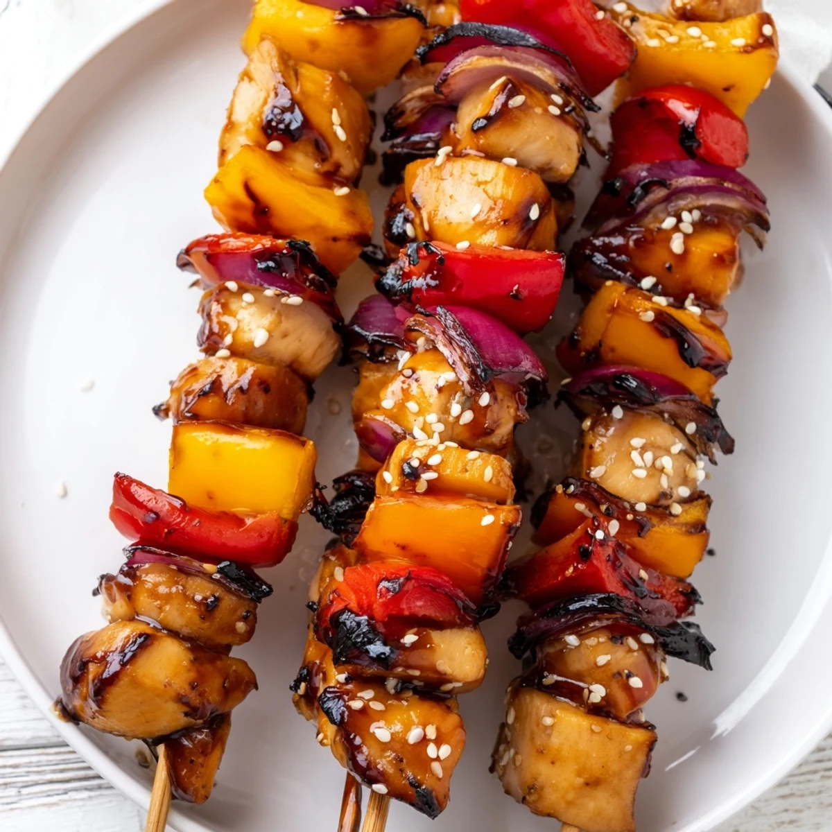 Juicy Honey Garlic BBQ Chicken Skewers glistening with sauce, charred edges, parsley.