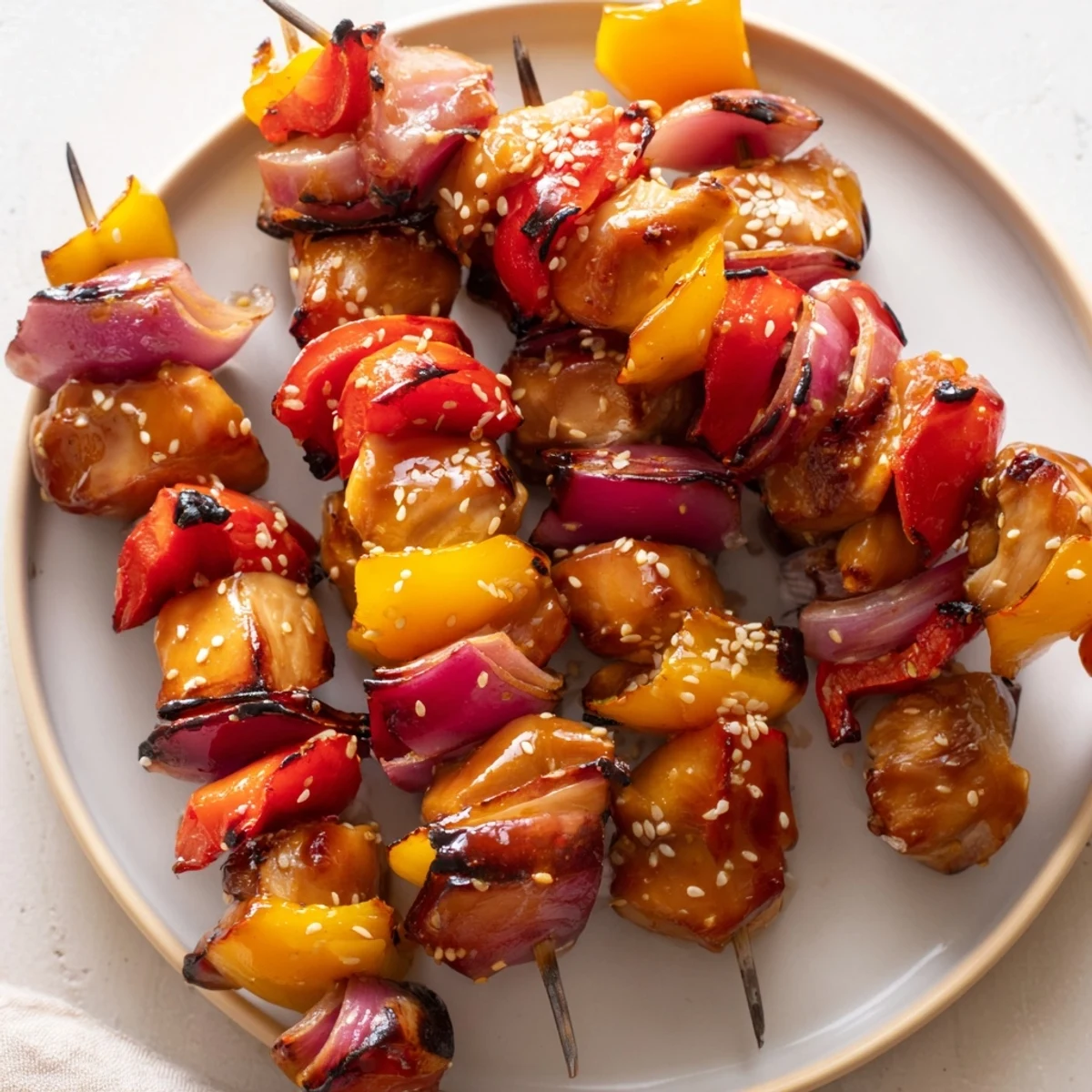 Charred and saucy Juicy Honey Garlic BBQ Chicken Skewers served with rice.