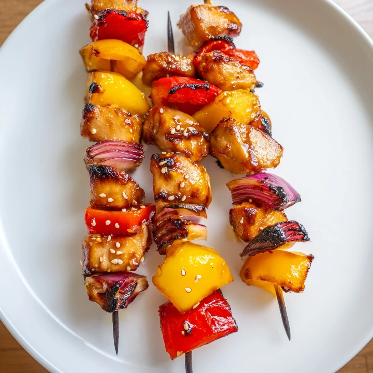 Weekend cookout Juicy Honey Garlic BBQ Chicken Skewers, tender bites, smoky-sweet glaze.