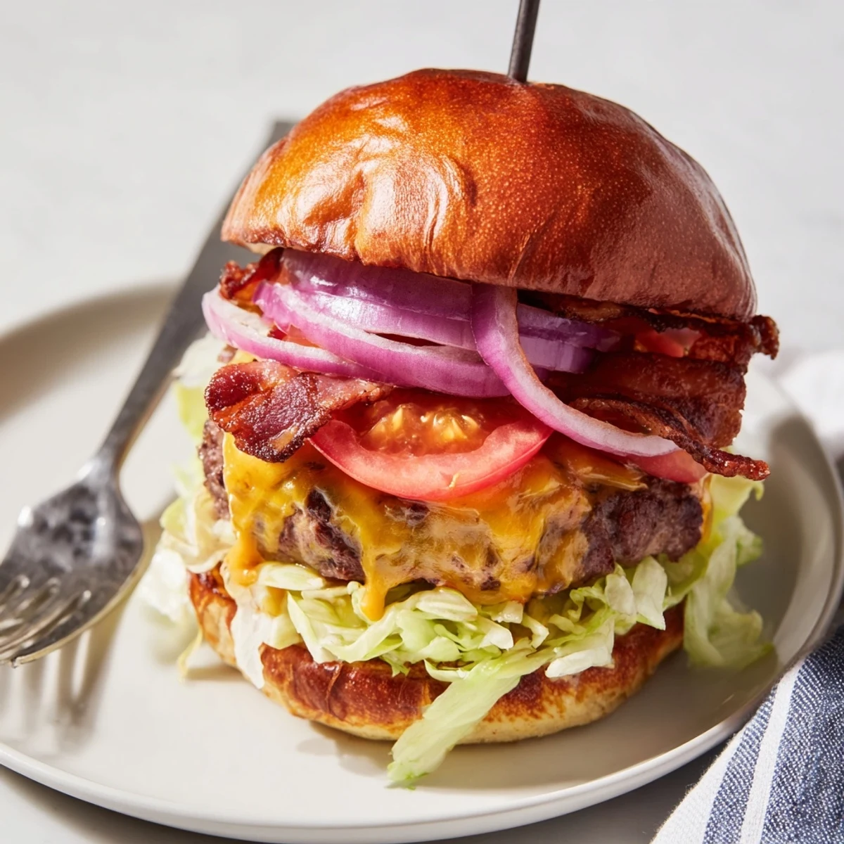 Grilled Irresistible Crack Burgers stacked high, smoky aroma, lettuce and tomato