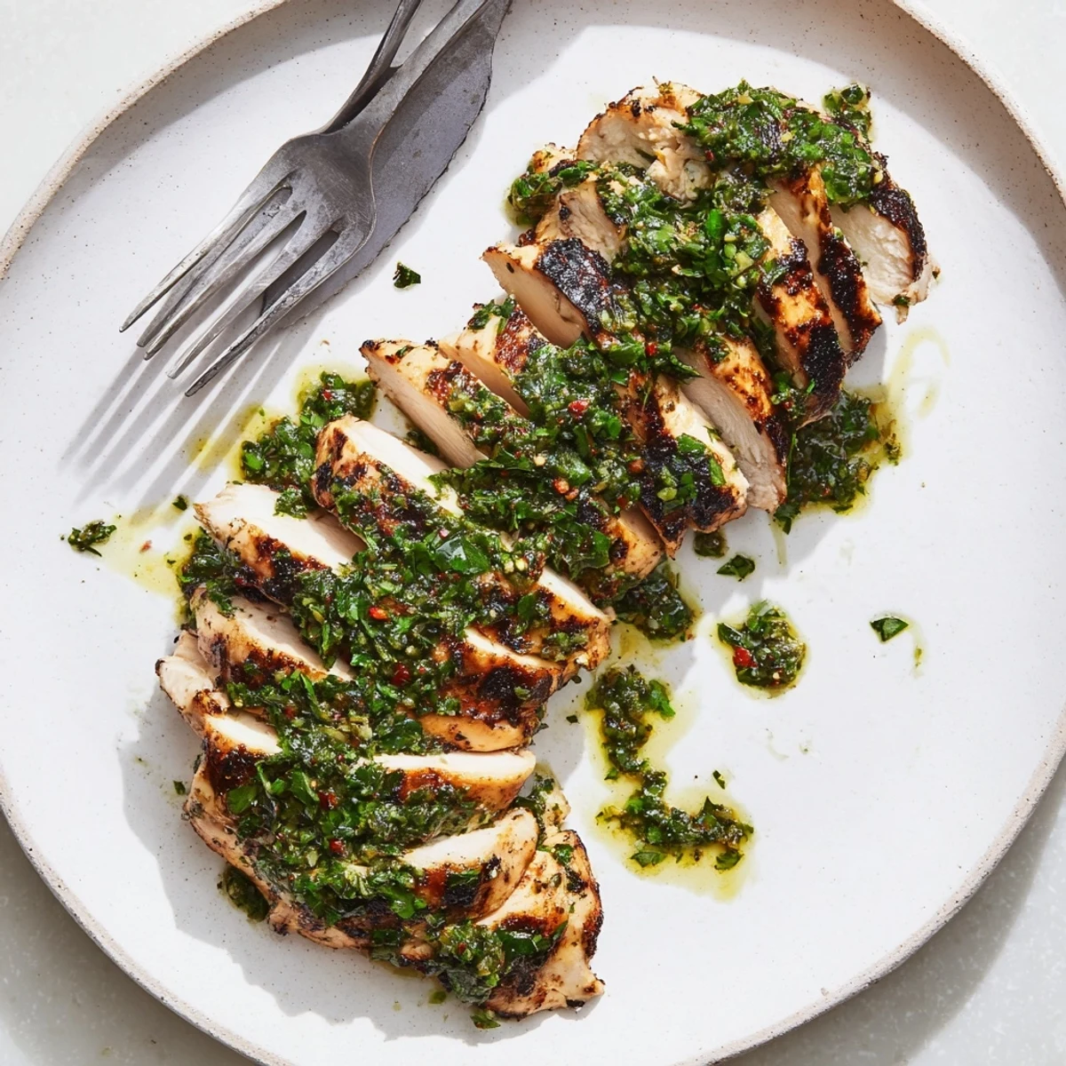 Grilled Chimichurri Chicken glistening with herb sauce, charred edges and garlic aroma.