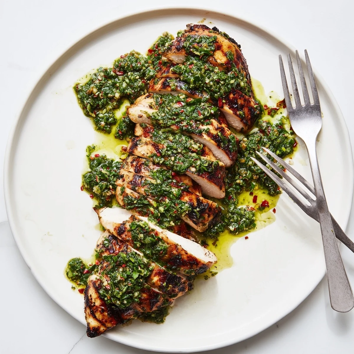 Platter of sliced Grilled Chimichurri Chicken, vibrant green sauce and steam.
