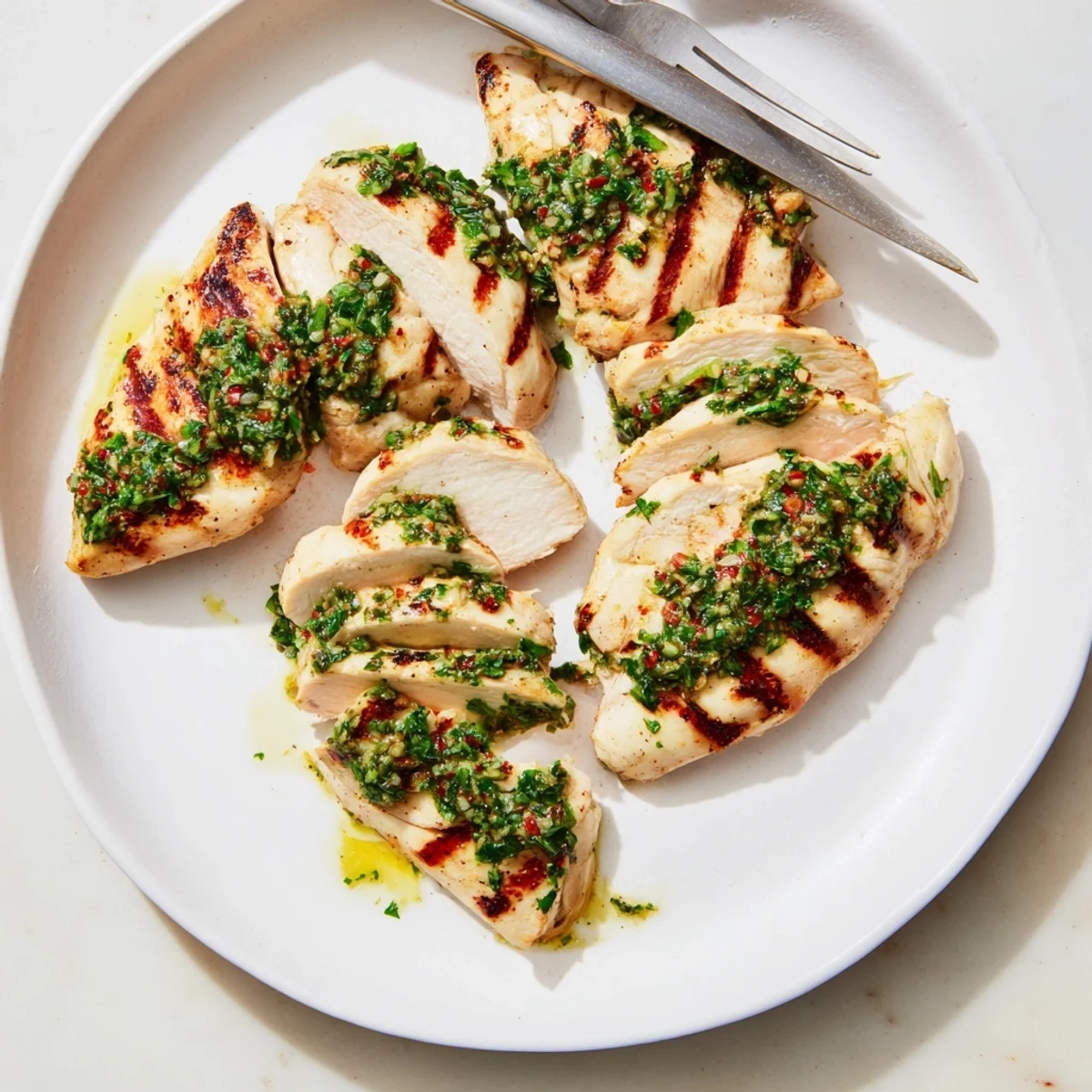 Weeknight Grilled Chimichurri Chicken sliced, juices pooling, served with cilantro rice.