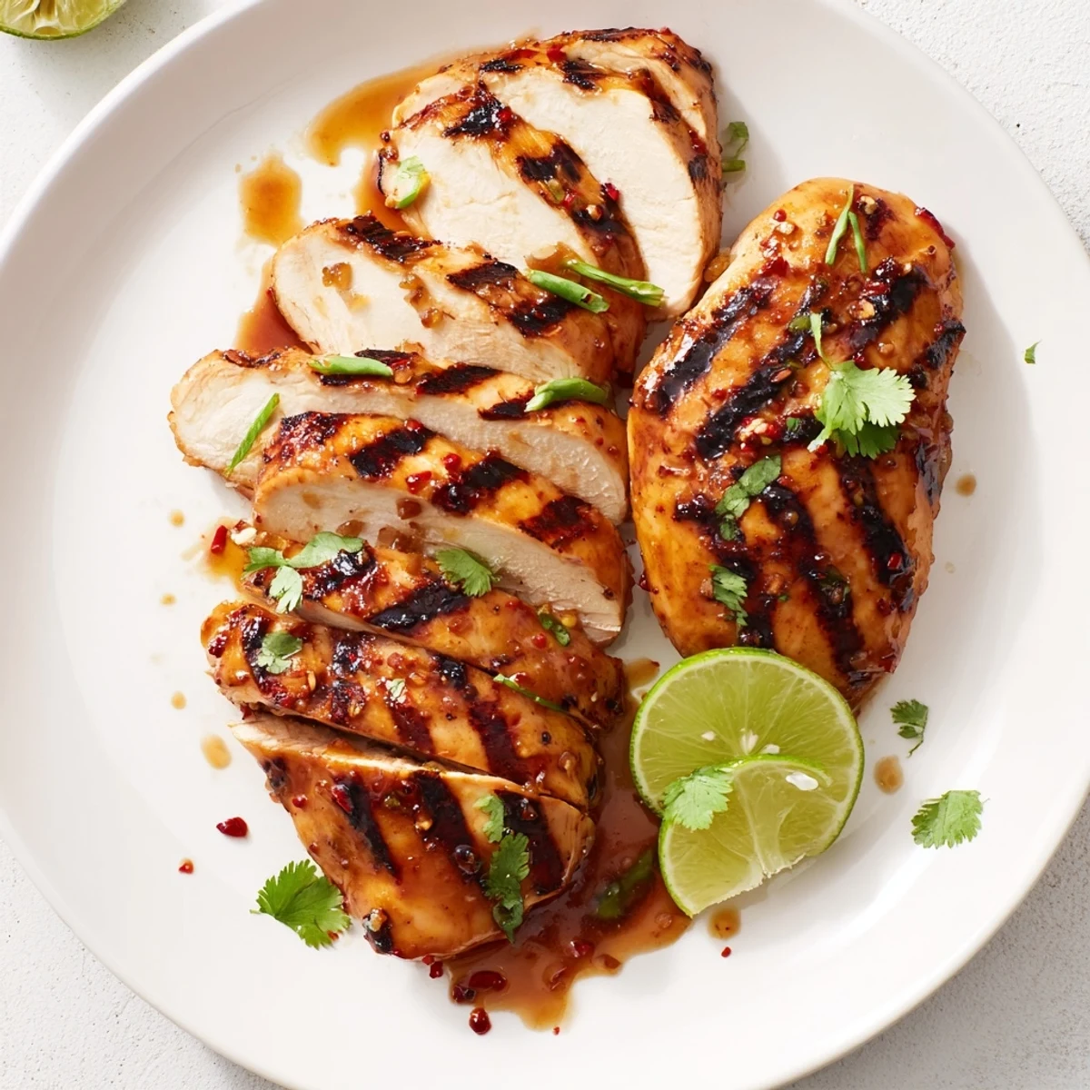 Grilled Spicy Honey Lime Chicken with charred edges, juicy glazed slices, cilantro garnish