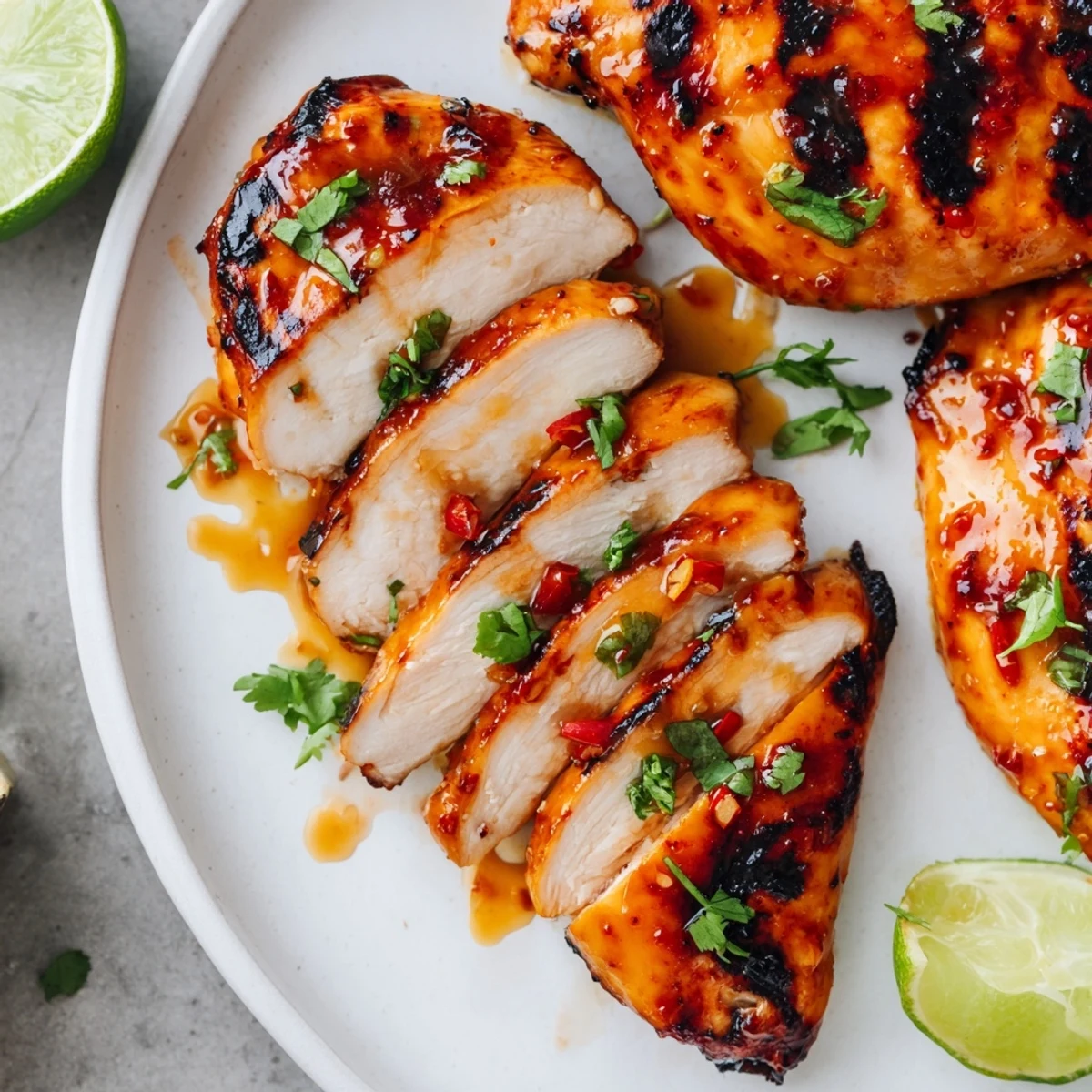 Smoky-sweet Grilled Spicy Honey Lime Chicken sliced and served alongside grilled corn