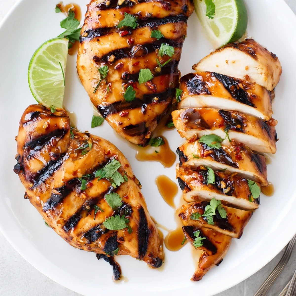 Zesty Grilled Spicy Honey Lime Chicken resting on platter with lime wedges