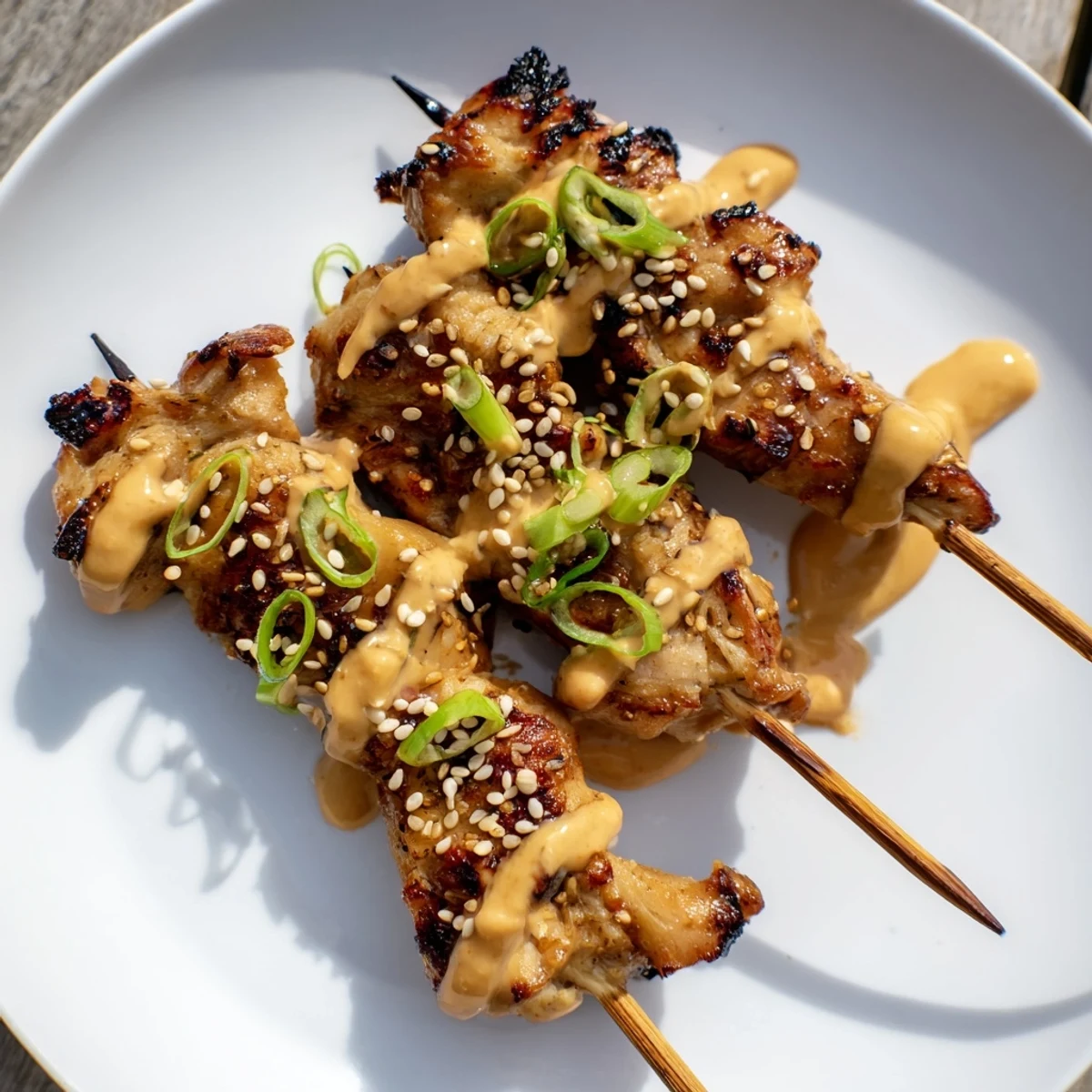 Grilled Bang Bang Chicken Skewers stacked on platter, sesame seeds and scallions