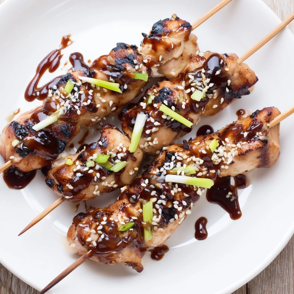 Bang Bang Chicken Skewers glistening with creamy spicy sauce, charred and fragrant