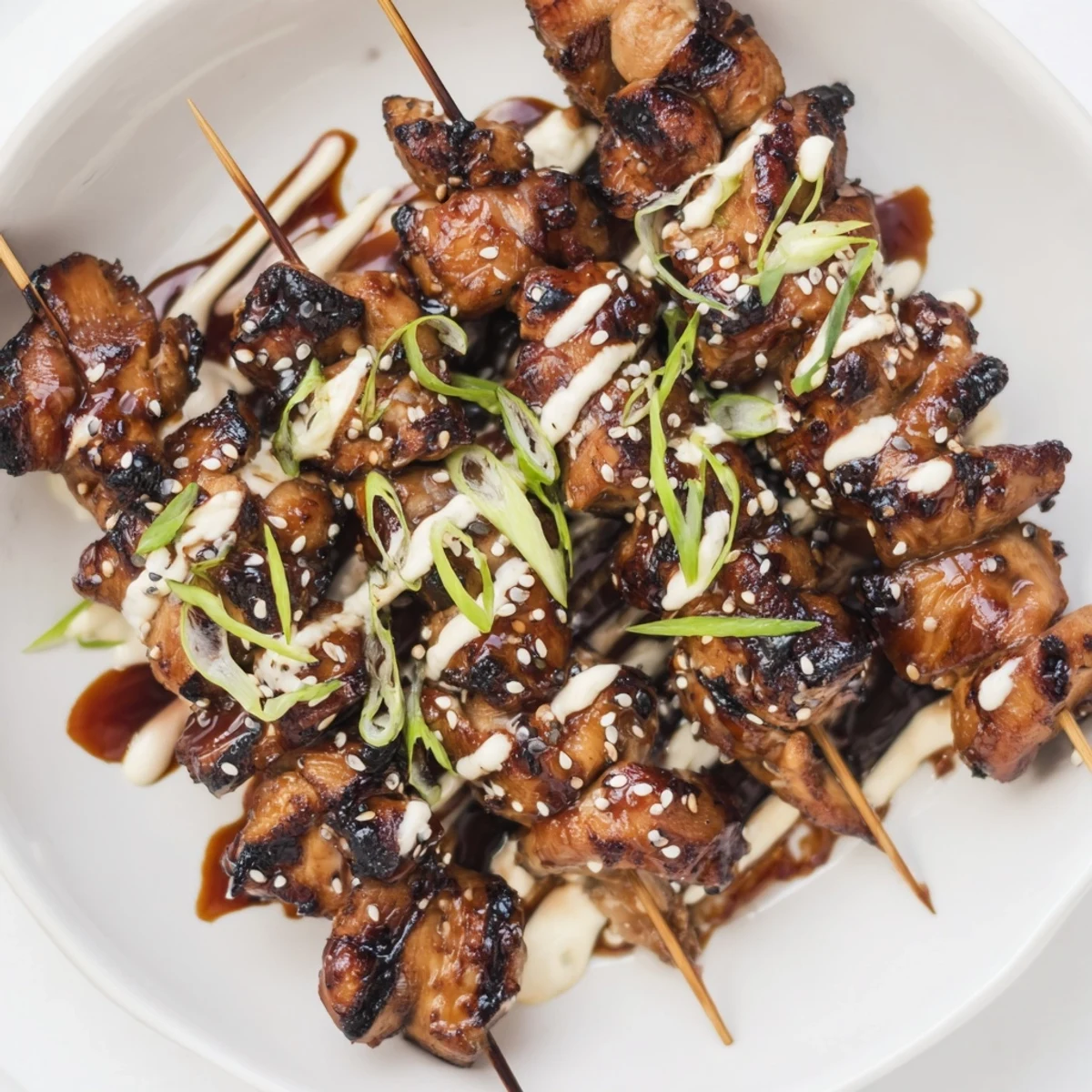 Weeknight ready Bang Bang Chicken Skewers plated with dipping sauce, smoky, tangy