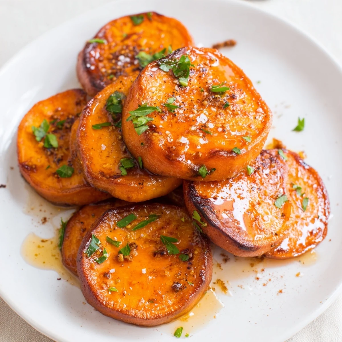 Honey Drizzled Roasted Sweet Potato Medallions glistening golden, warm, fragrant with cinnamon  