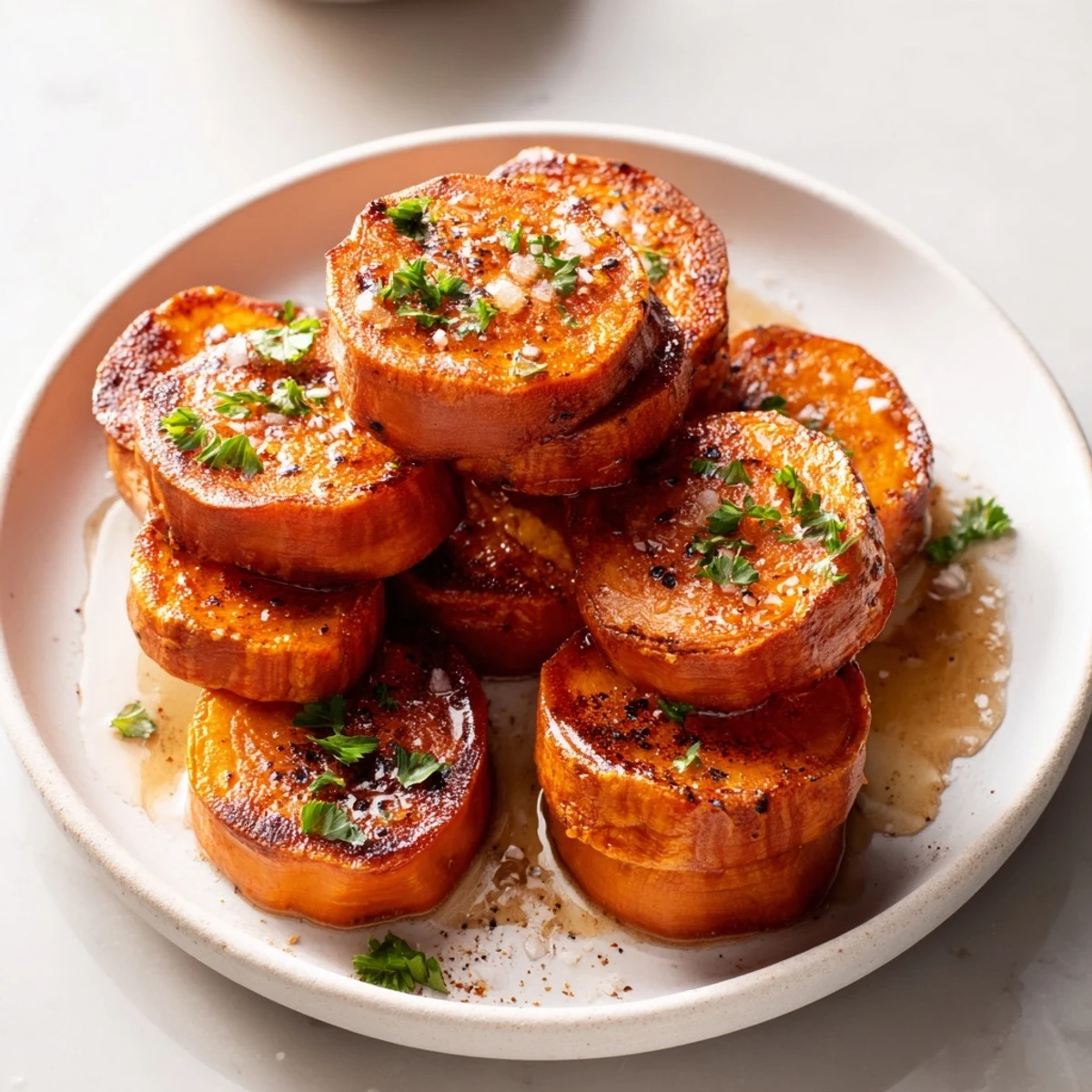 Crispy edges on Honey Drizzled Roasted Sweet Potato Medallions, tender centers