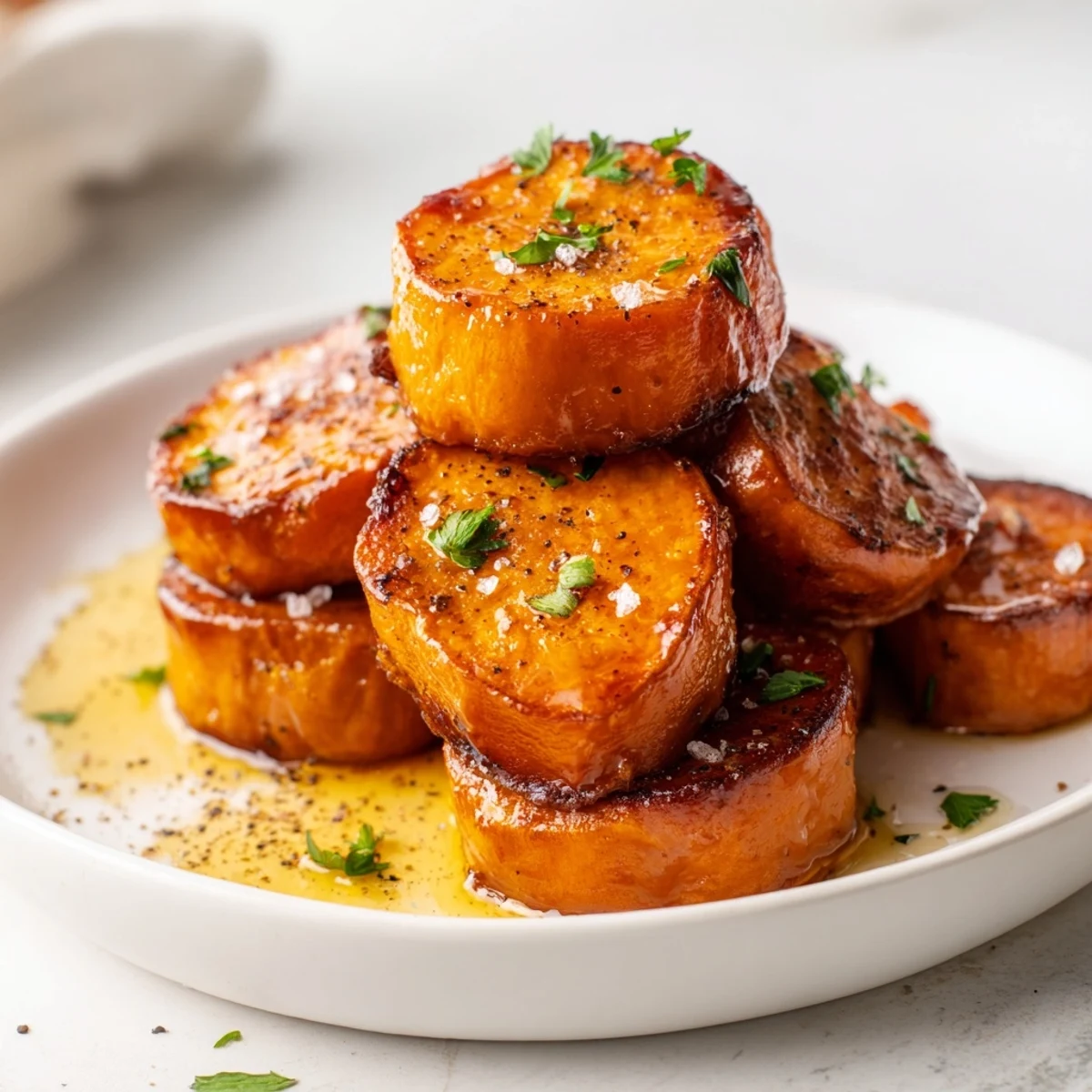Warm Honey Drizzled Roasted Sweet Potato Medallions on a platter, parsley garnish  