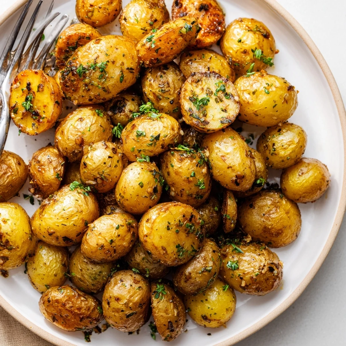 Close up of Herb Seasoned Grilled Potatoes In Foil, charred edges, olive oil shine.