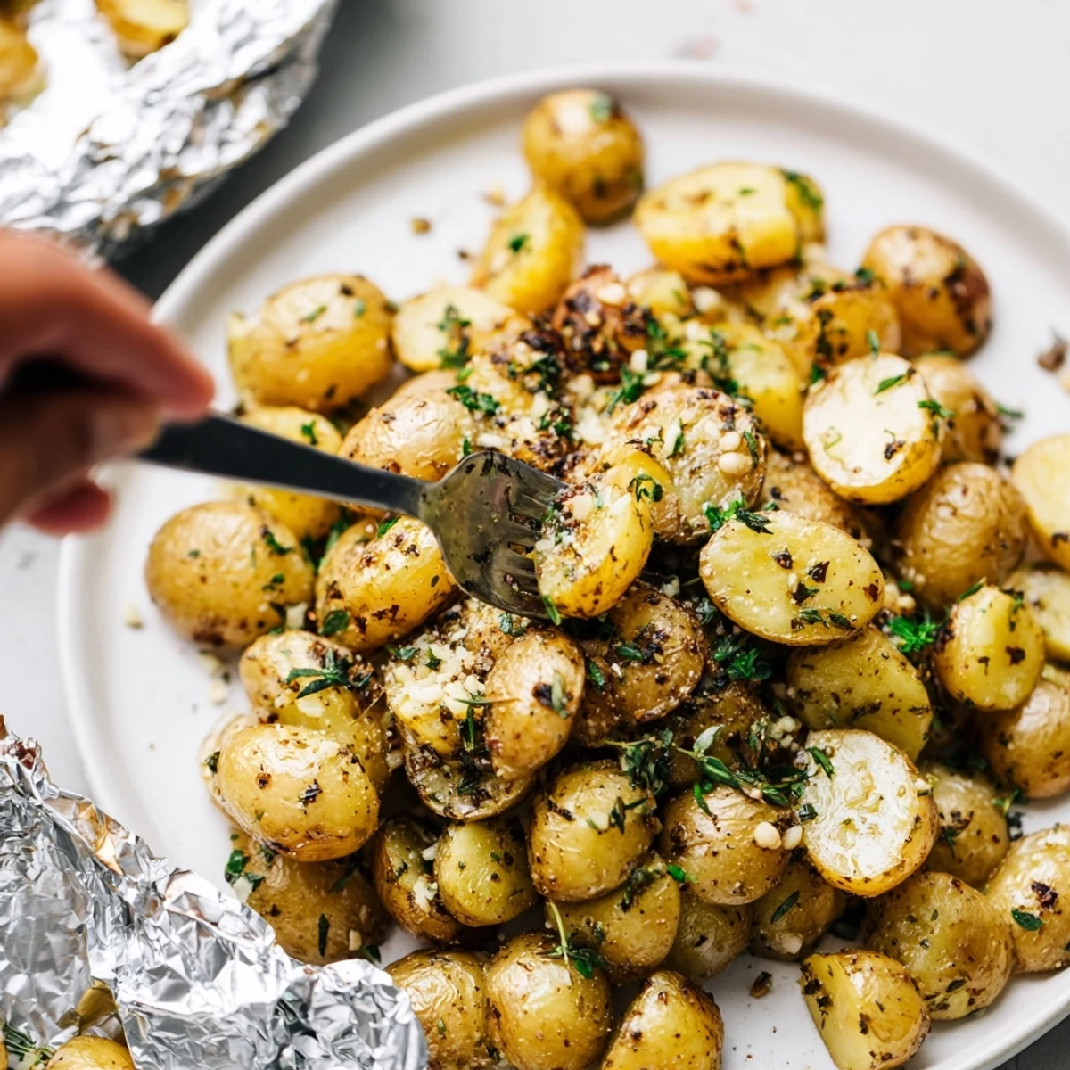 Herb Seasoned Grilled Potatoes In Foil steaming, golden bites with garlic and herb aroma.