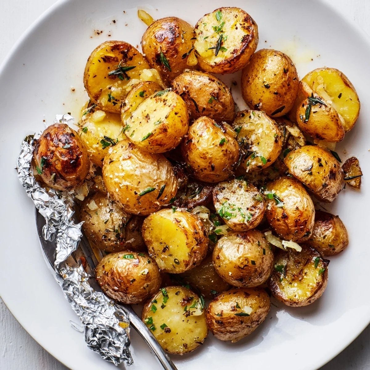 Family style Herb Seasoned Grilled Potatoes In Foil served hot with parsley garnish.
