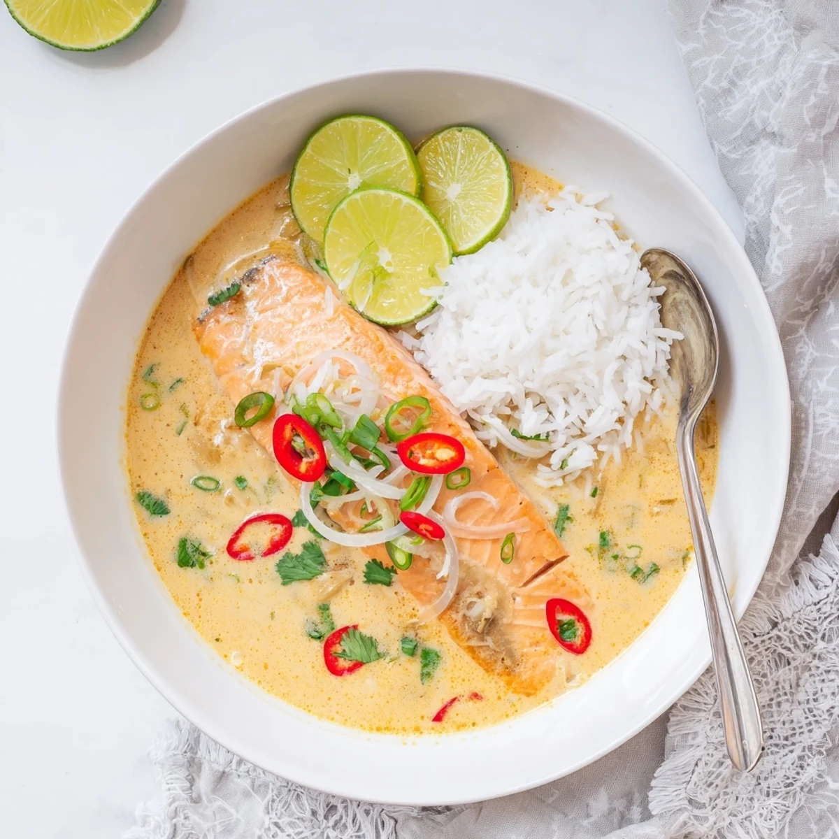 Coconut Lime Poached Salmon Dinner nestled in creamy coconut broth with lime