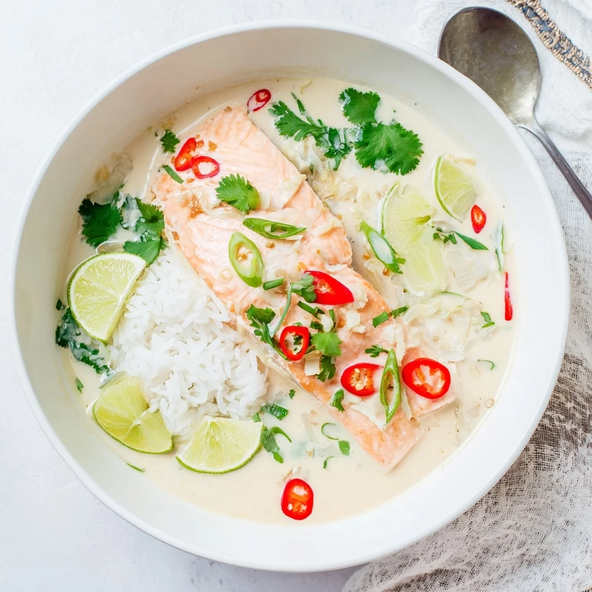 Bright Coconut Lime Poached Salmon Dinner served over jasmine rice, cilantro garnish