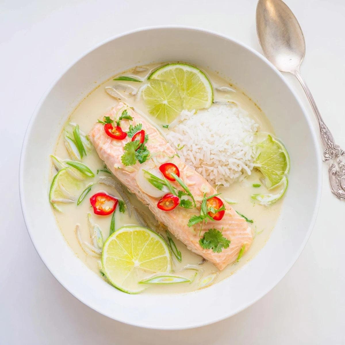 Silky Coconut Lime Poached Salmon Dinner with fragrant ginger, lime wedges, spoonable broth