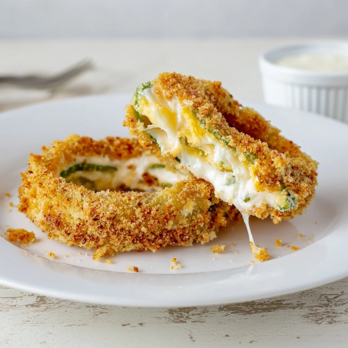 Plate of Crispy Jalapeño Popper Onion Rings steaming, served with cool ranch.