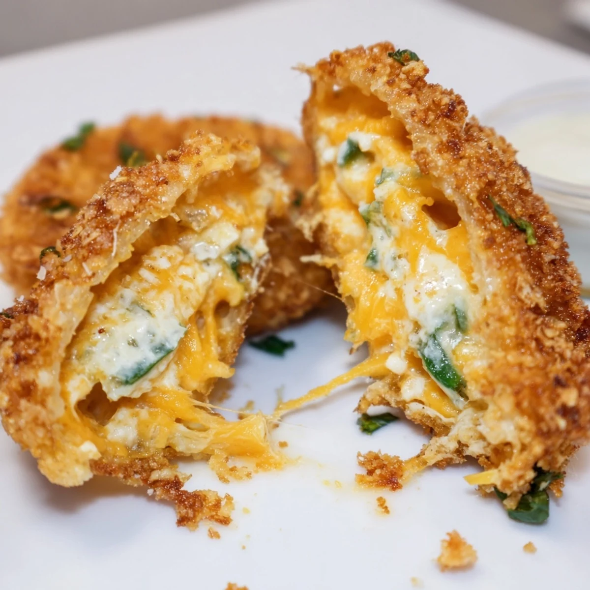Crispy Jalapeño Popper Onion Rings piled on plate, golden, crunchy, oozing cheese.