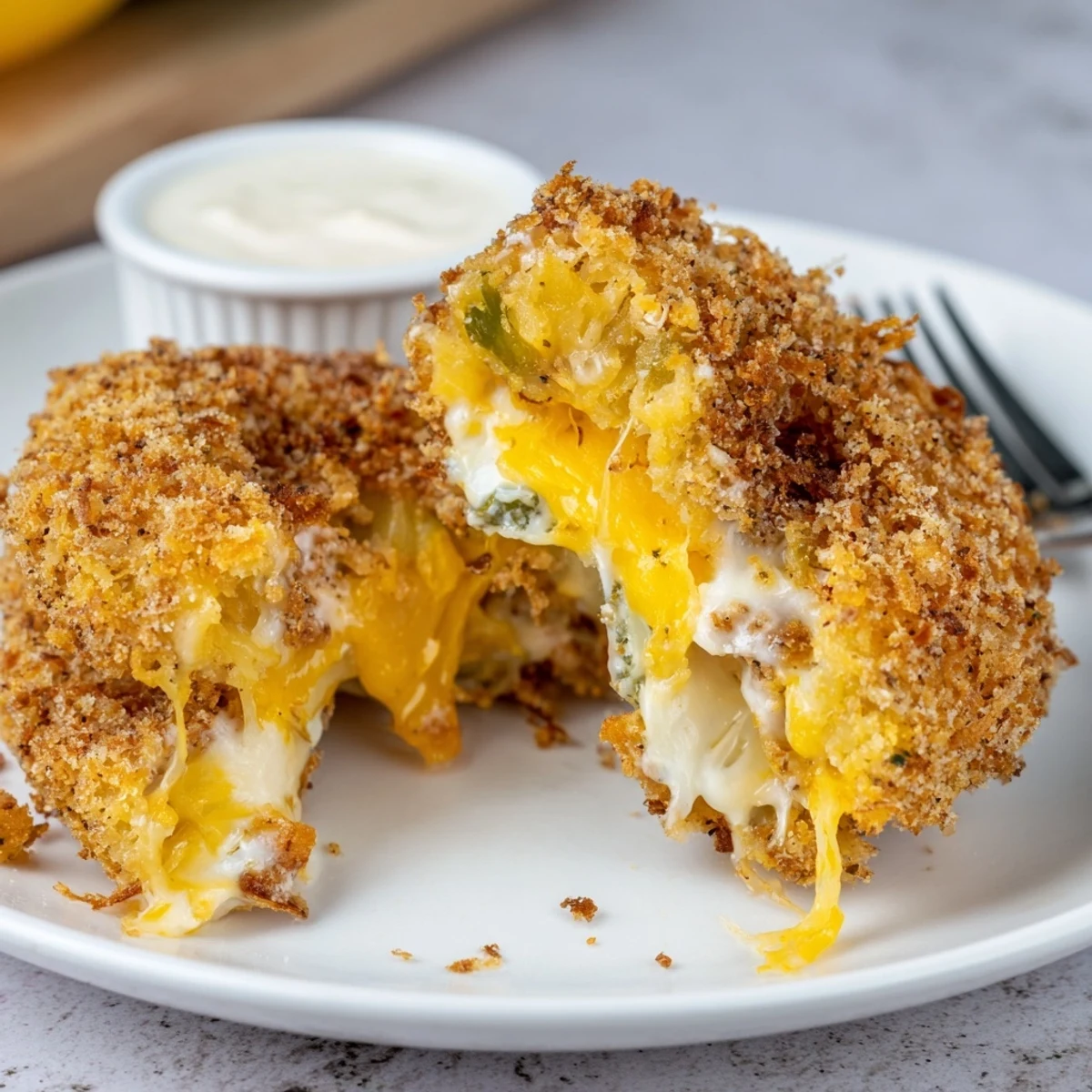 Crispy Jalapeño Popper Onion Rings filled with creamy cheese and a peppery kick.