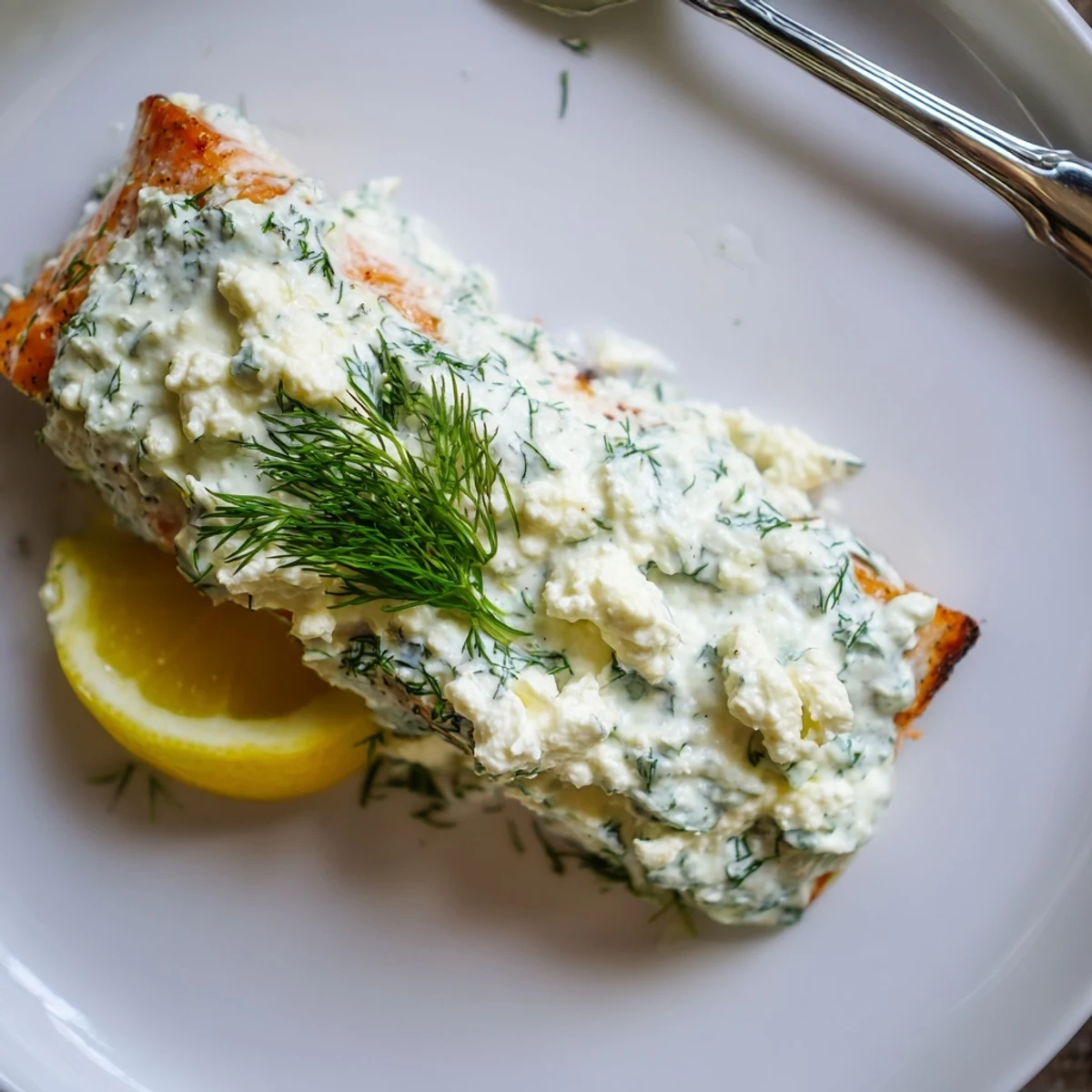 Salmon With Feta Dill Sauce on a baking sheet, creamy, lemony topping.