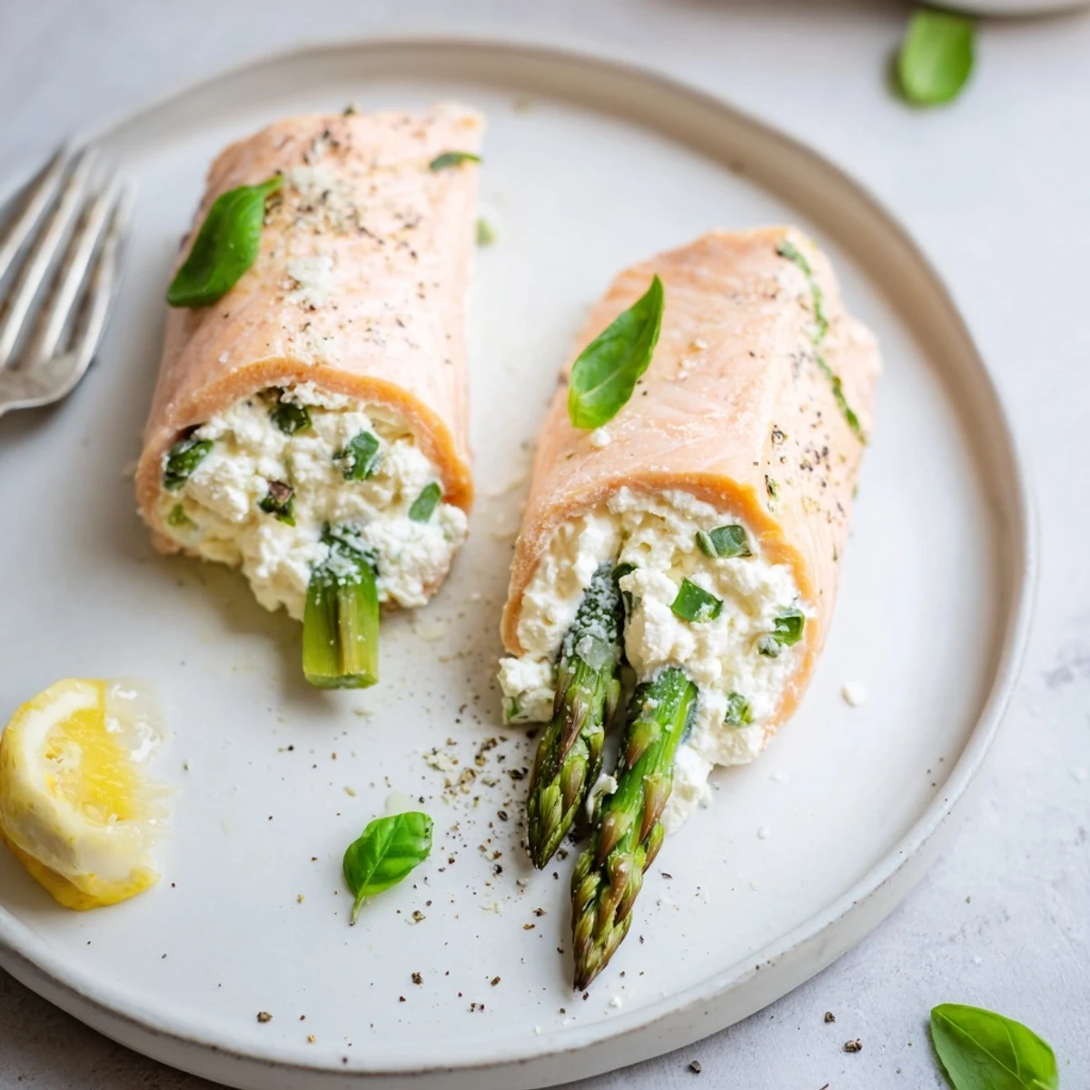 Asparagus Lemon Basil Ricotta Stuffed Salmon Rolls glistening with olive oil, lemon wedges